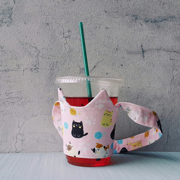 環保飲料杯袋－粉紅貓耳朵 第1張的照片