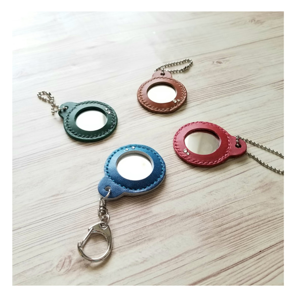 送料無料] ポケットミラー キーホルダー (本革使用) くすみカラー