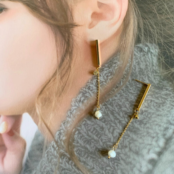 14kgp  アクシス　ロングチェーン×淡水パール　ピアス  14k  ゴールドプレート 3枚目の画像