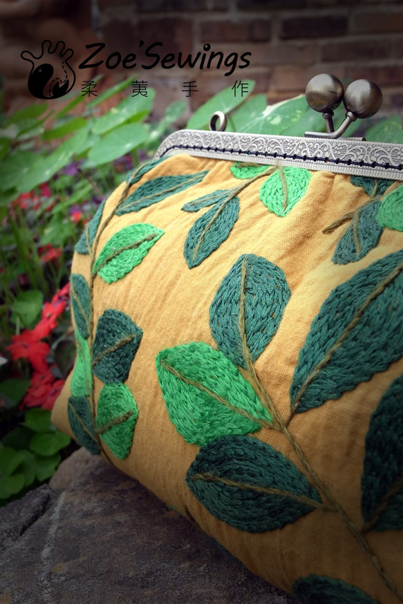 【綠葉】刺繡20cm口金長夾、手拿包、斜背包 第3張的照片