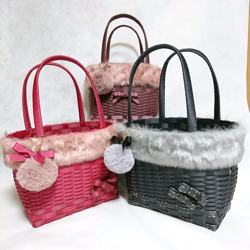 値下げ【冬でもかごバッグ】フェイクファー付クラフトバンドのかご