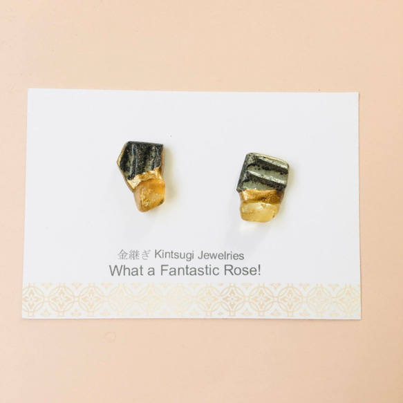 定制唐津燒瓷器 x Kintsugi 穿孔耳環（茶瓷器 / 黃水晶） 第2張的照片