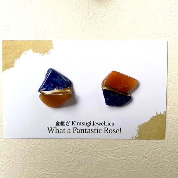 定制 Kintsugi Natural Stone Earrings 耳環（青金石、橙色東陵石） 第2張的照片