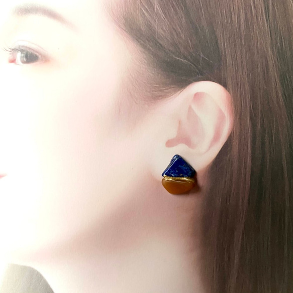 定制 Kintsugi Natural Stone Earrings 耳環（青金石、橙色東陵石） 第5張的照片