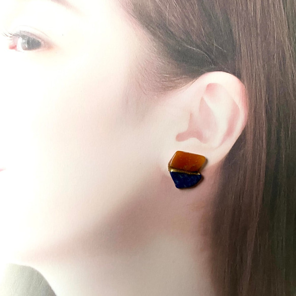 定制 Kintsugi Natural Stone Earrings 耳環（青金石、橙色東陵石） 第6張的照片