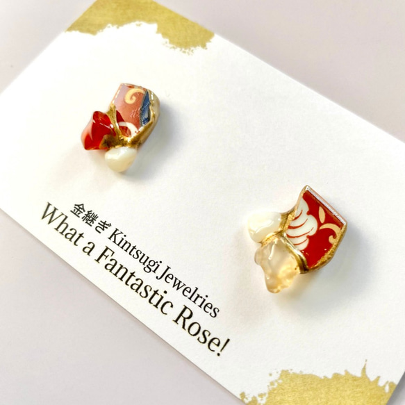 受注制作 有田焼 陶片 金継ぎ ピアス イヤリング (カーネリアン、マザーオブパール) 2枚目の画像