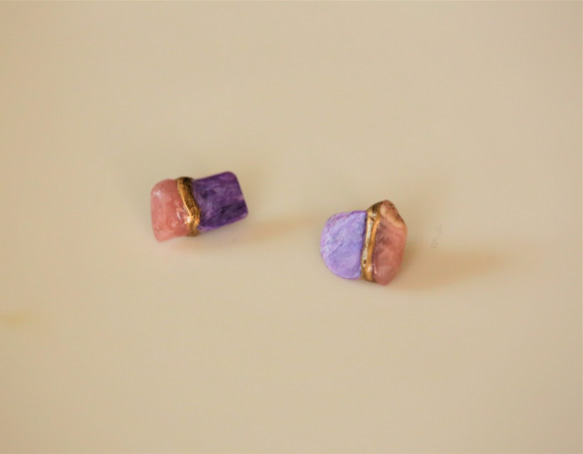 Kintsugi x 天然石耳環（印加玫瑰、夏洛伊石） 第1張的照片