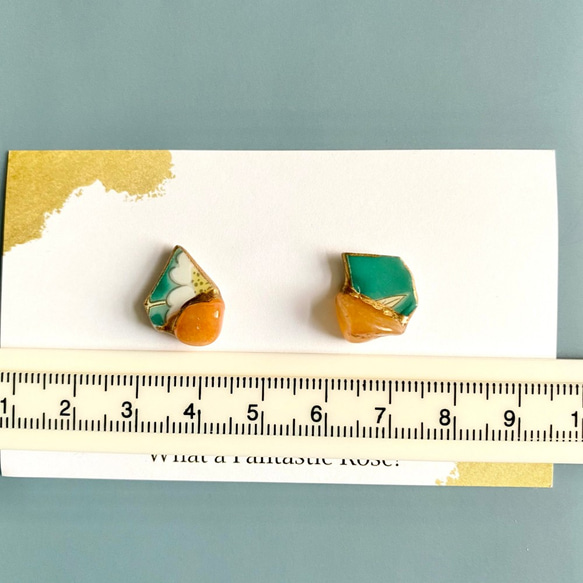 訂製有田燒金繼耳環（綠色陶瓷件，橙色東陵） 第5張的照片