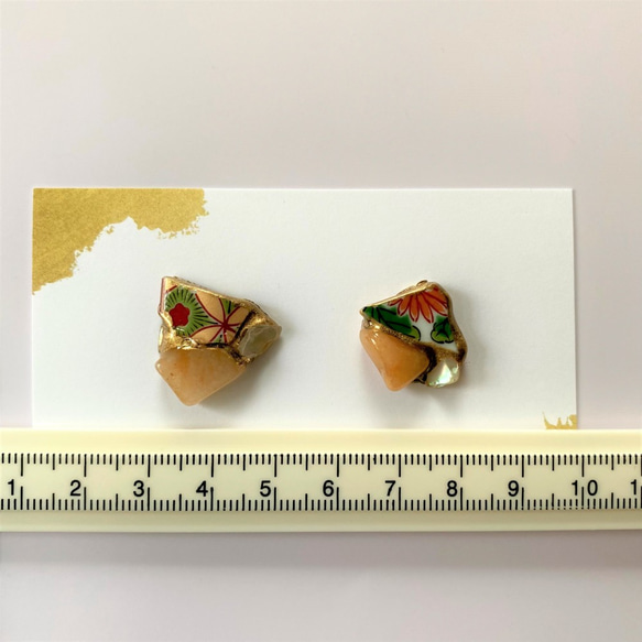 定制有田瓷器 x Kintsugi 穿孔耳環（橙色砂金石、貝殼） 第7張的照片