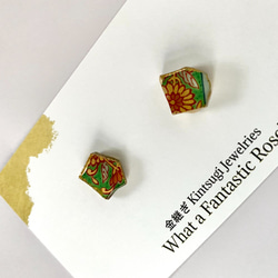 定做 有田瓷器 瓷器 kintsugi 無環耳環（迷你黃綠色花卉圖案） 第7張的照片