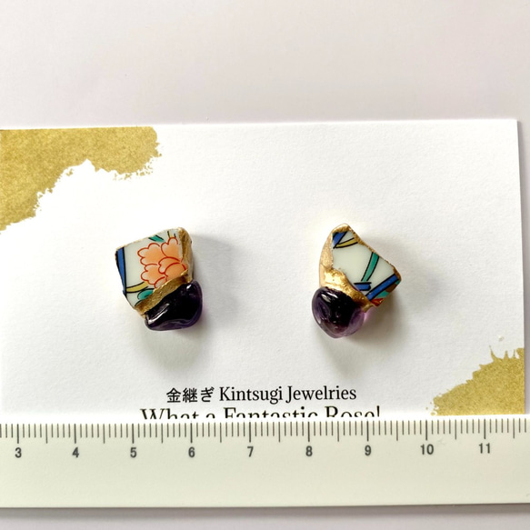 （定制）伊万裡燒瓷器 x 金繼木穿孔耳環（鮭魚粉色花卉瓷器、紫水晶） 第5張的照片