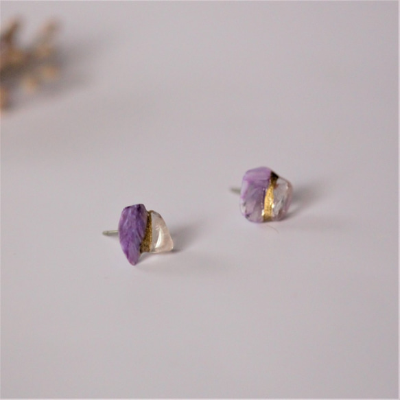 Kintsugi x Natural Stone Earrings 耳環（Charoite，Manikaran 水晶） 第1張的照片