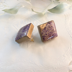 金継ぎ x Kashmir Hand Paint ピアス（Gold x Purple Square shape) 2枚目の画像