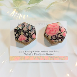 金継ぎ x Kashmir Hand Paint ピアス（Gold x Pink Pentagon) 3枚目の画像