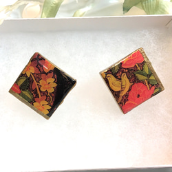 金継ぎ x Kashmir Hand Paint イヤリング（Gold x Bird Square L) 3枚目の画像