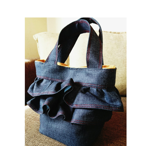 フリルトートバッグ】デニムリメイク ハンドメイド ジムバッグ