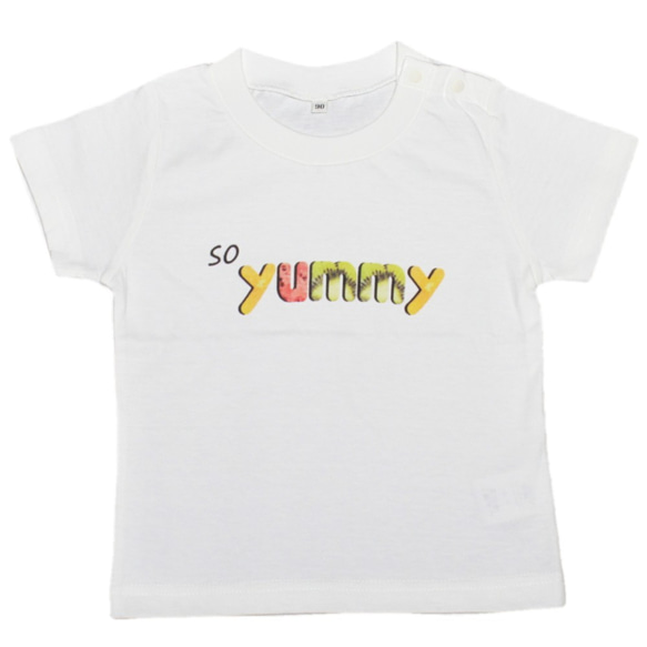 「１１０サイズ　soyummy ロゴT」　子供服、cotton100、プリントT、食べ物プリント、白T　 1枚目の画像