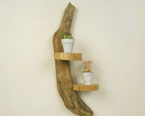 温泉流木】ミニ丸太2段の吊り式壁掛けラック007勢いある枝 壁掛け棚