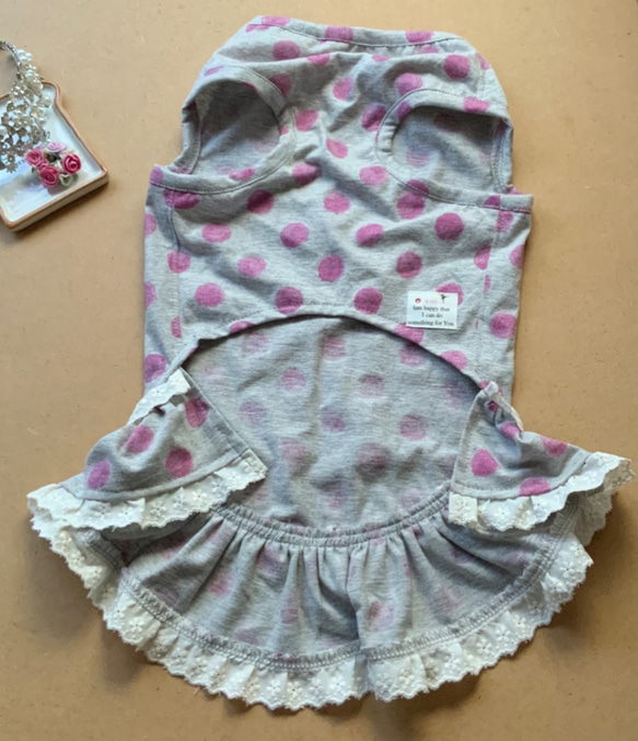 Dogwear RSH 5可愛的棉質花邊希瑟灰色x粉色圓點連衣裙 第3張的照片