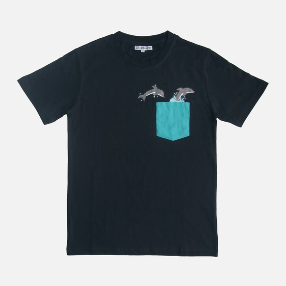 黑色純棉 口袋T-shirt 海豚 第3張的照片