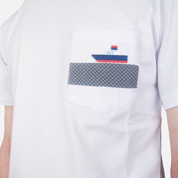 白色純棉 海洋風 船 口袋T-shirt 第2張的照片