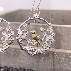 E11027 Bird with Flowers Silver 925 Earrings 第4張的照片