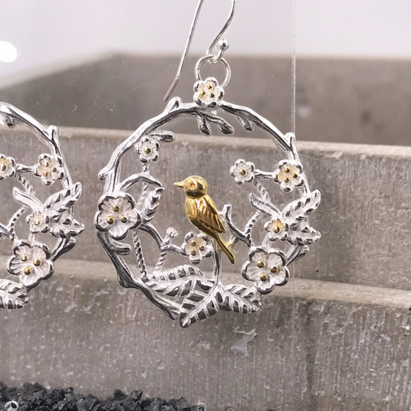 E11027 Bird with Flowers Silver 925 Earrings 第4張的照片