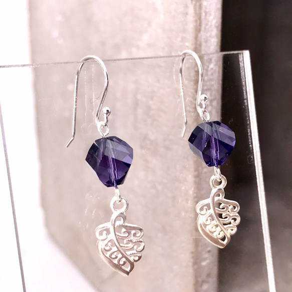 E41011(PURPLE) Leaves Silver 925 & Swarovski Crystal Earring 第4張的照片