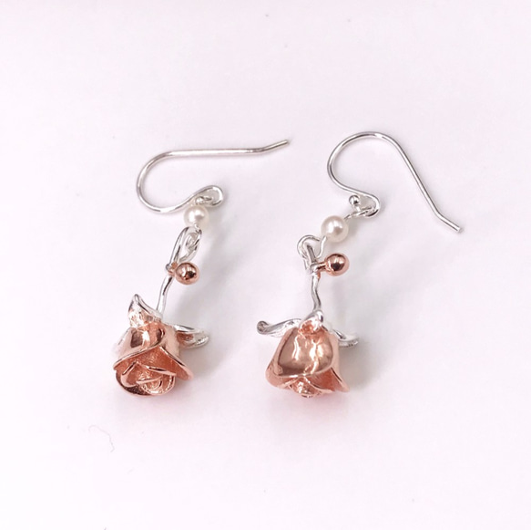 E31030 Golden Rose Silver 925 & Fresh Water Pearl Earrings 第3張的照片