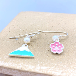 Blue Mt. Fuji with Pink Sakura S925 & Pearl Earring 第3張的照片