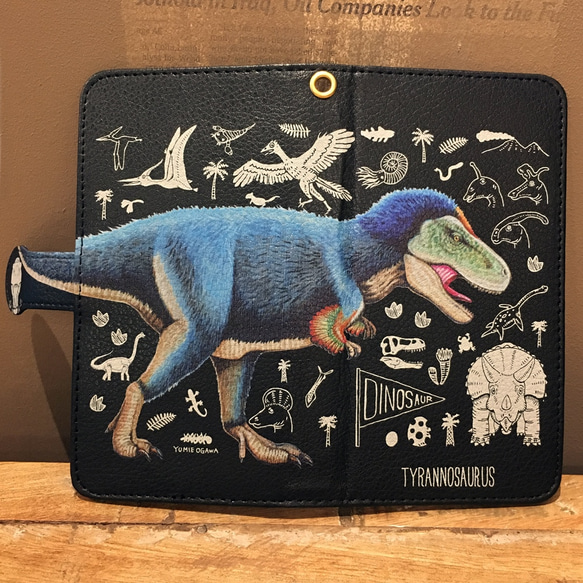 黒革手帳型スマホケース「ティラノサウルス」Lサイズ 2枚目の画像