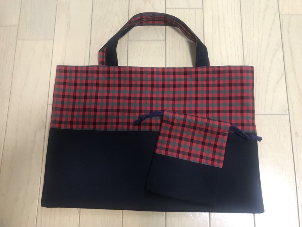 ☆ファミリア風赤緑チェック×紺色2点セット☆ その他入園グッズ