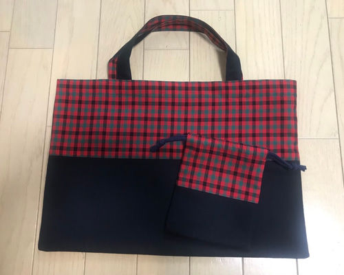 ☆ファミリア風赤緑チェック×紺色2点セット☆ その他入園グッズ