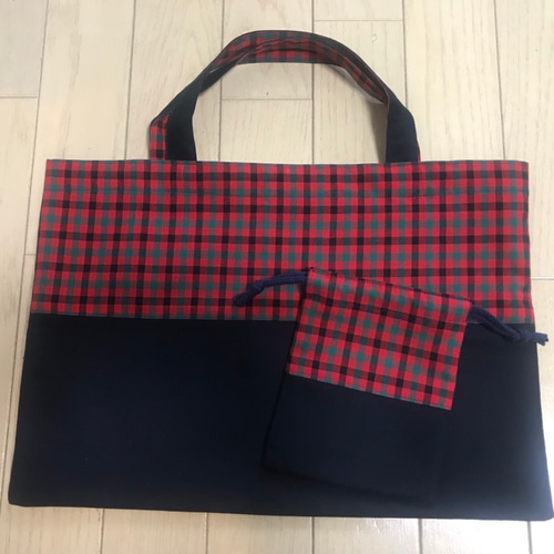☆ファミリア風赤緑チェック×紺色2点セット☆ その他入園グッズ