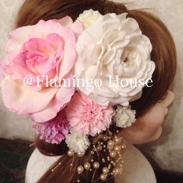 【再販×7】選べるオプション付きピンクホワイト系 ラナンキュラス ローズの豪華アートフラワー髪飾り7点セット