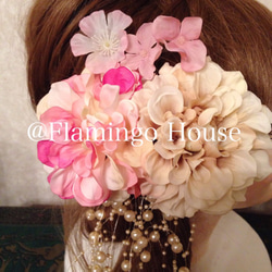 選べるオプション付きピンクベージュ系 ダリア 桜使用豪華アートフラワー髪飾り6点セット 2枚目の画像