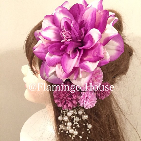 【再販×4】選べるパールorタッセル付き ホワイトパープル系アートフラワー髪飾り6点セット