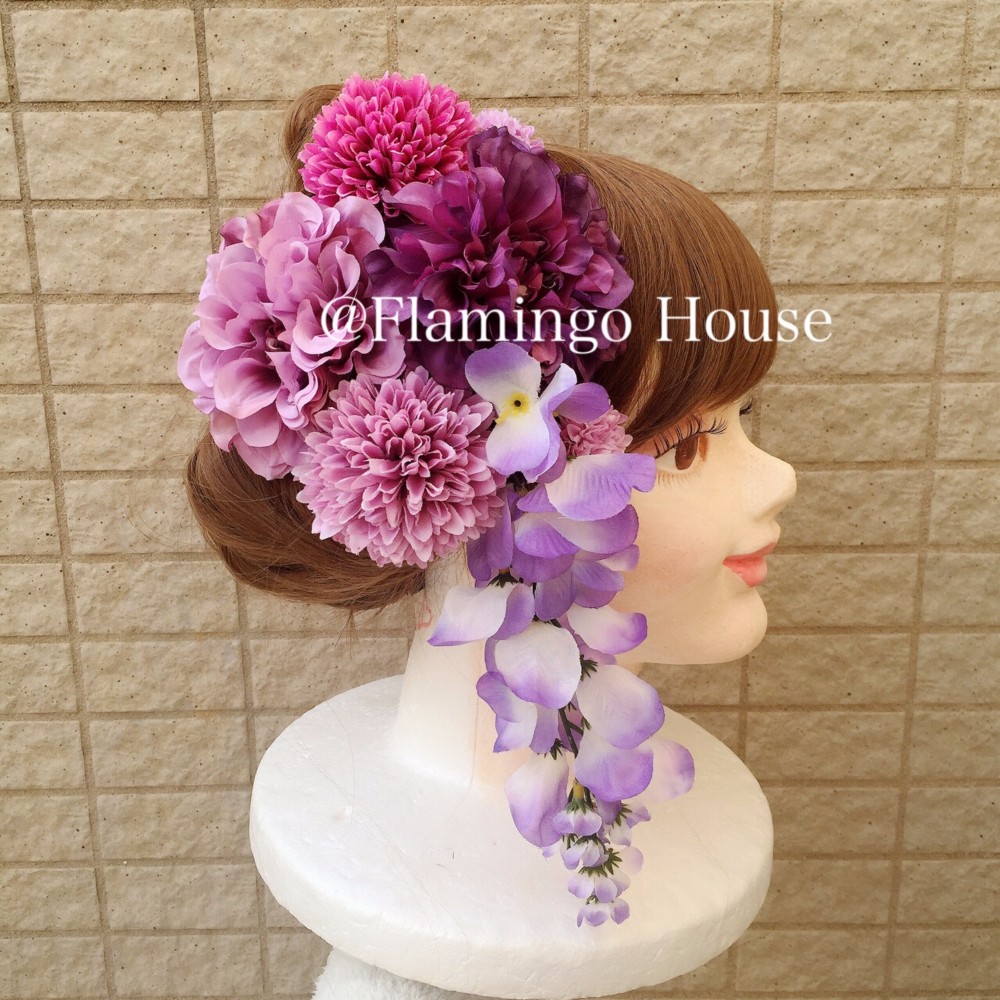 SALE!!【再販×2】藤下がり付きボリュームダリアとマムのアートフラワー髪飾り7点セット