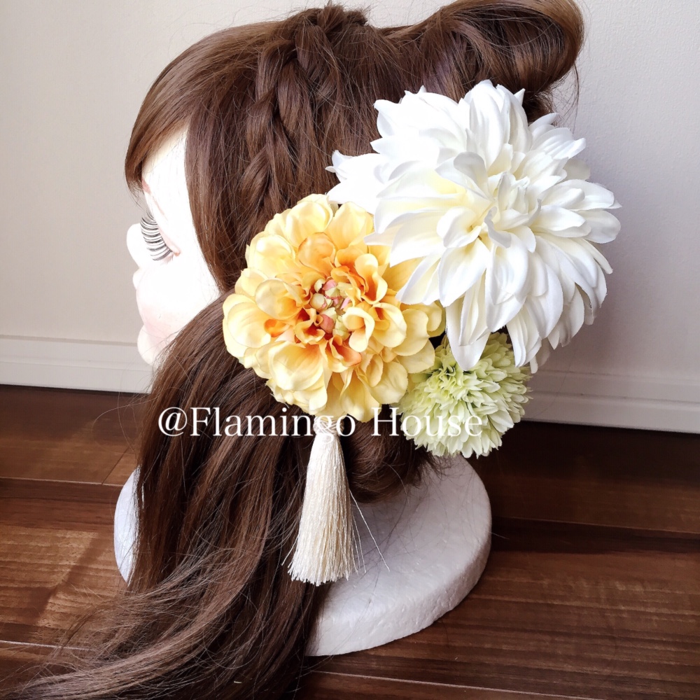 【再販×3】イエロー グリーンホワイト系アートフラワー髪飾り4点セット