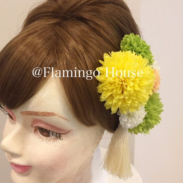 【再販×15】黄色 緑系 丸菊髪飾り7点セット 2枚目の画像