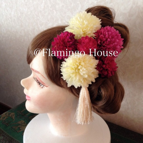 再販×4】ピンク白系ボールマム アートフラワー髪飾り7点セット ヘッド