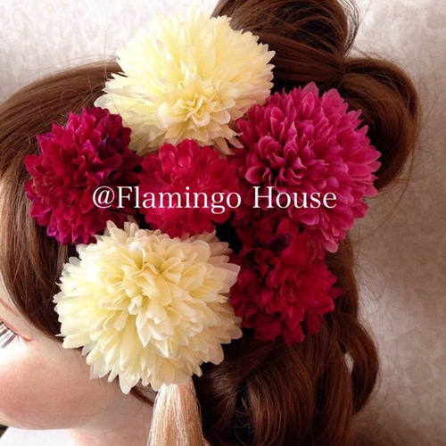 再販×4】ピンク白系ボールマム アートフラワー髪飾り7点セット ヘッド