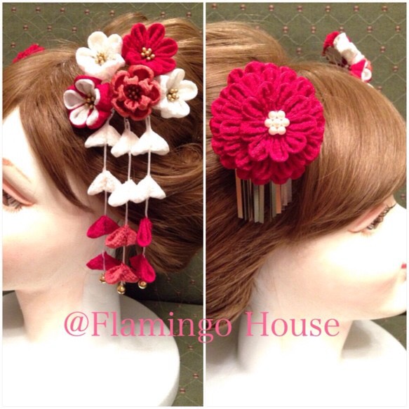 【再販×8】オーダー可 ちりめんつまみ細工かんざし赤×白 ボリューム髪飾り2点セット