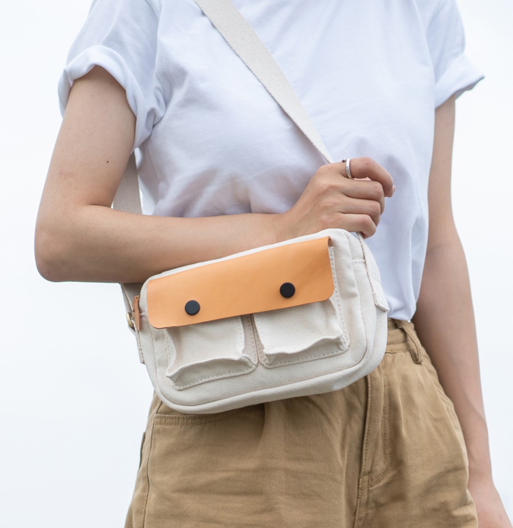 「帆布×革の組み合わせ」ボディバッグ 手作りのお出かけショルダーバッグ