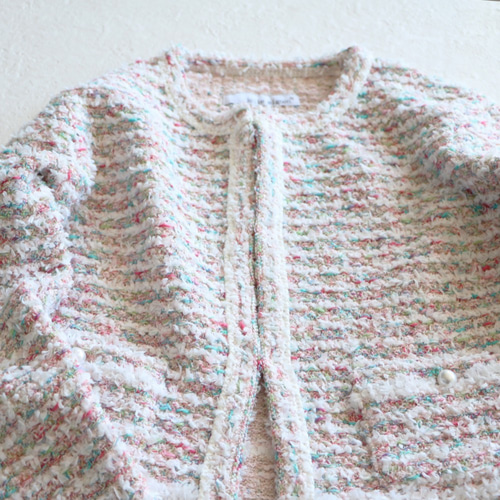 ジョリーミニョン　ツイードノーカラー　ジャケット　白、ピンク系 ジョリーミニョン ツイードノーカラー ジャケット 白、ピンク系 - メルカリ