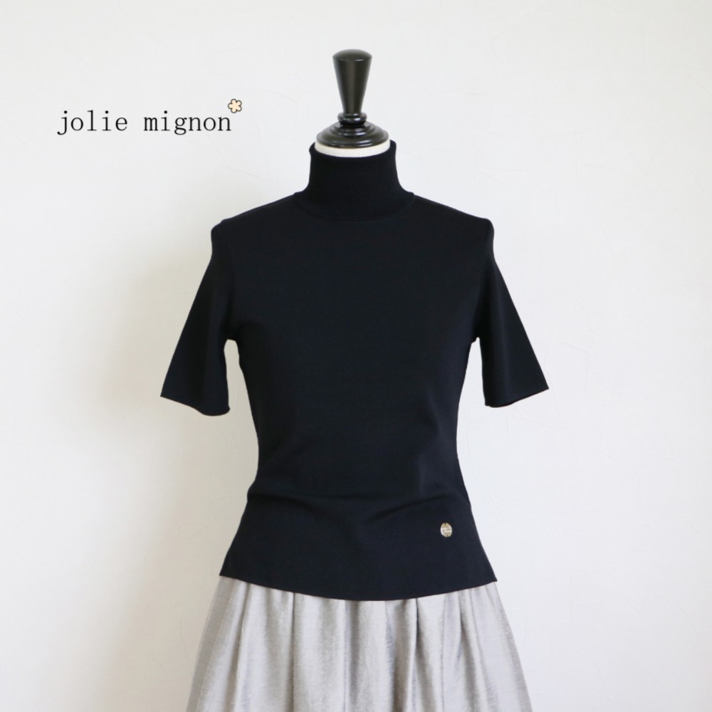 【首元カバーが嬉しい♪】タートルネック ストレッチ半袖プルオーバー【ブラック】