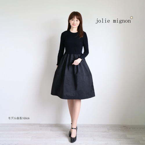美品✨️ jolie mignon 袖口パール ニットドッキングワンピース ジョリーミニョン 袖口パール付きニットタフタドッキングワンピース