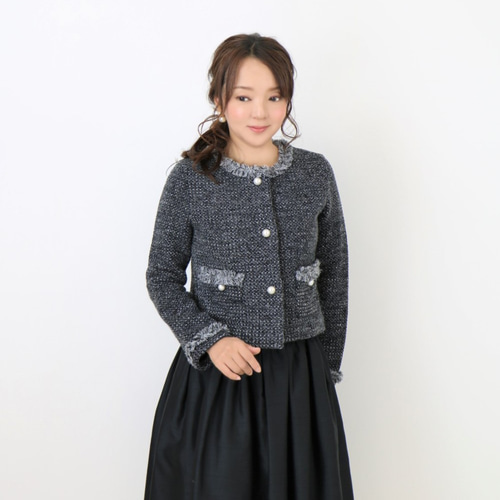 ジョリーミニョン】ツイード調ポケット付きパールボタンノーカラー