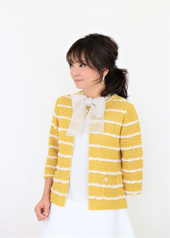 【看起來整潔但無壓力！ ] 亞麻珠地針織開襟衫（黃色） 第1張的照片