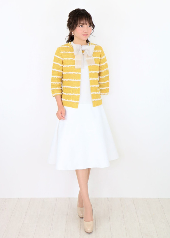 【看起來整潔但無壓力！ ] 亞麻珠地針織開襟衫（黃色） 第3張的照片